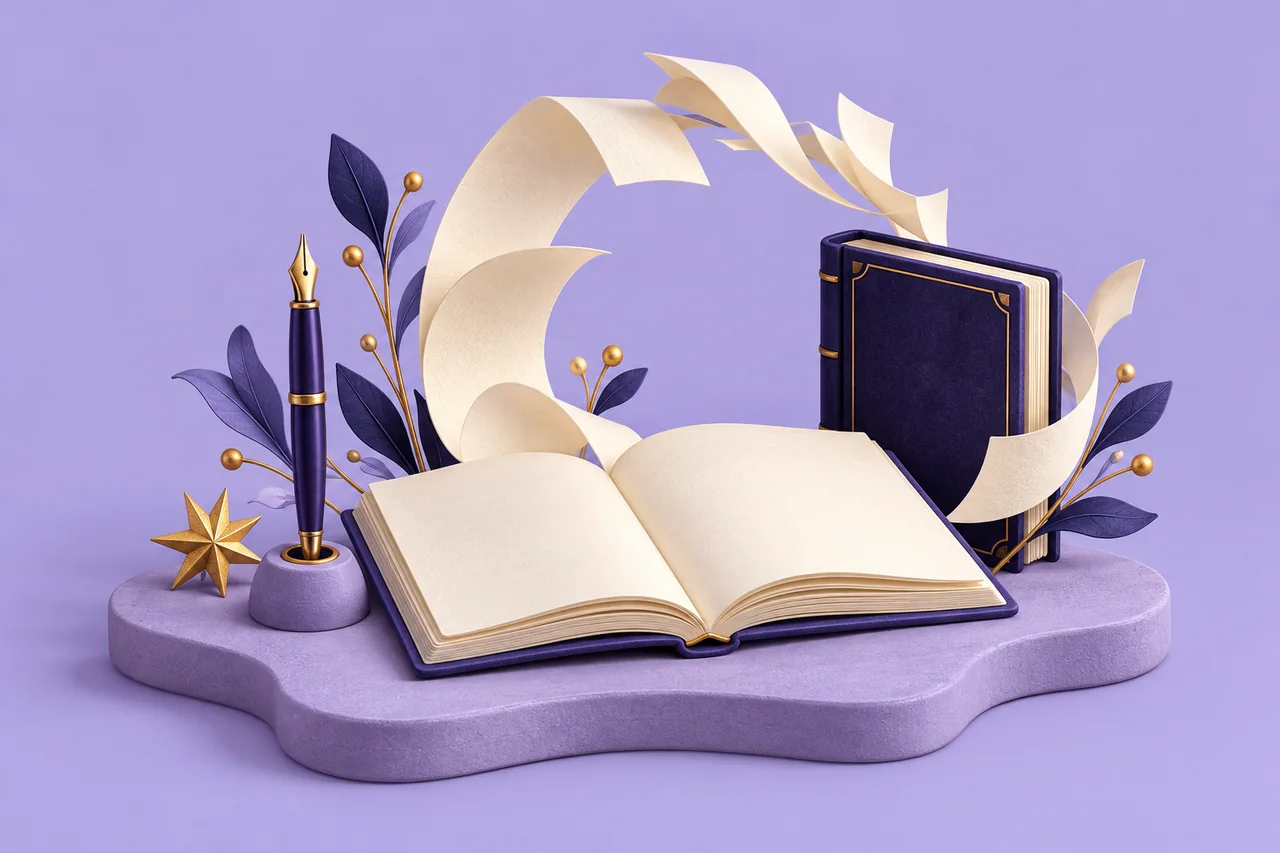 Un estudio de escritura con cuaderno, pluma y hojas de papel