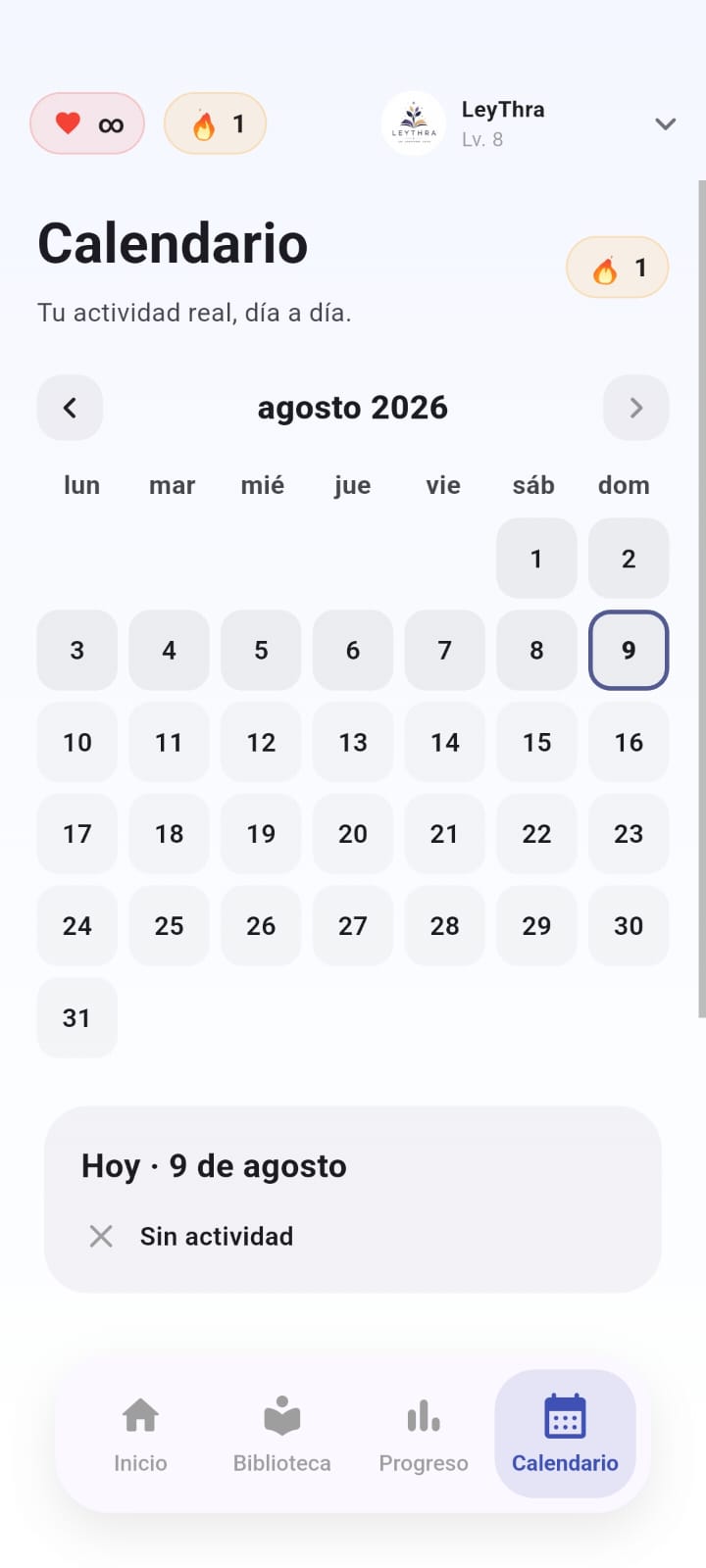 Calendario de racha diaria en LeyThra